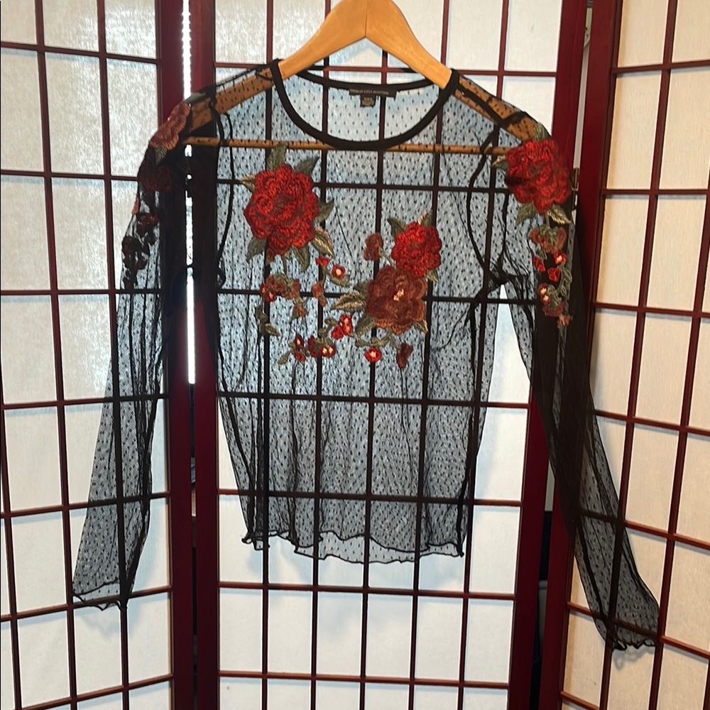 Floral Embroidered Sheer Black Top